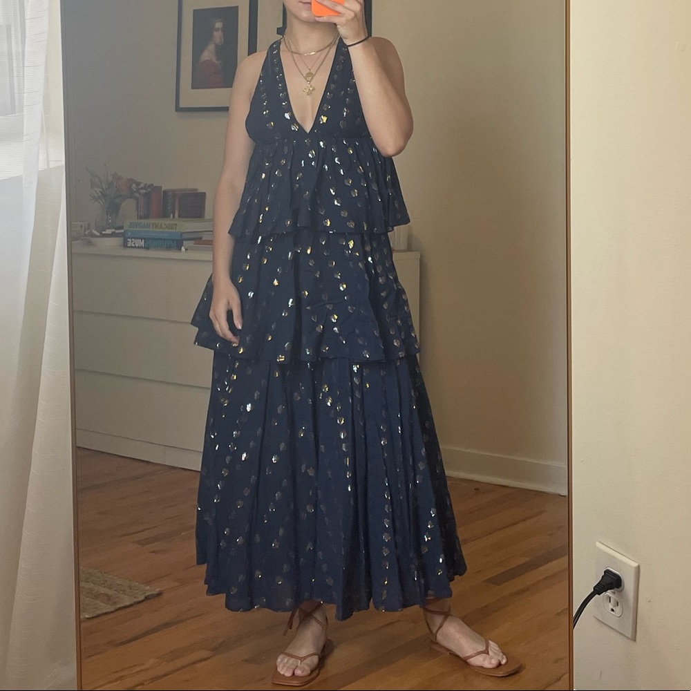 Rhode Leela Dress Tiered Midi Dress with Metallic Hearts
